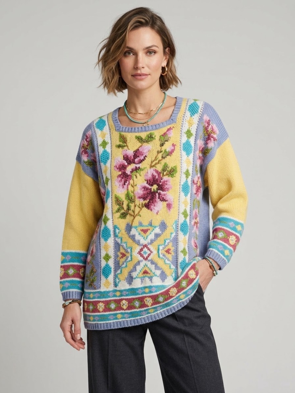 VTG Jennifer Reed Hand Knit Floral Southwestern Tunic Sweater Ramie Cotton L